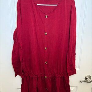 Red Button-Front Long Sleeve Dress